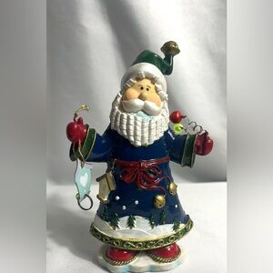 Santa Claus Polystone Vintage Figurine Holding Bells and Bird House